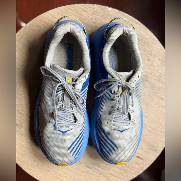 Hoka Gray and Blue Running Shoes with Yellow Accents - Picture 1 of 4